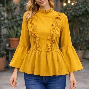 Amaryllis Mustard Ruffle Peplum Blouse – Size M/L – Bell Sleeves, High Neck